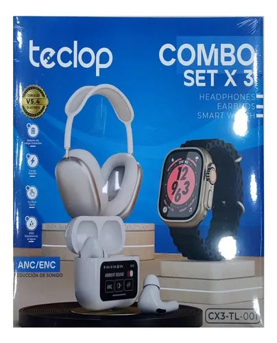 Combo Auriculares + Reloj Smartwatch + Aud con Pantalla
